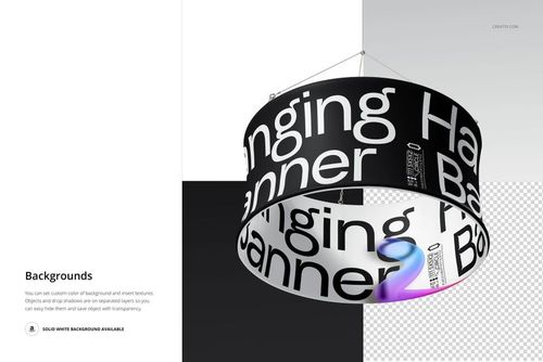 Large circular hanging display banner mockup with bold black and white text, shown from a front angled view indoors.