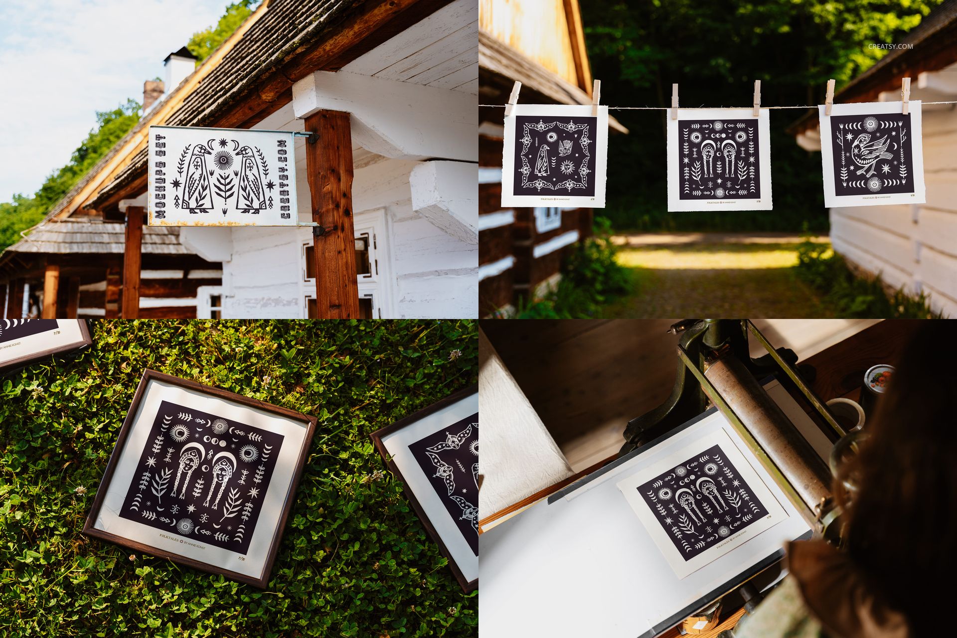 PSD mockup of folk-inspired prints, with designs hanging on a line, framed on greenery, and placed in a sunlit rural setting.