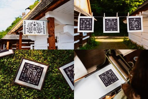 PSD mockup of folk-inspired prints, with designs hanging on a line, framed on greenery, and placed in a sunlit rural setting.