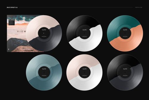 Vinyl record mockup set featuring six split-color records in various shades, shown with a matching cover on a dark background.