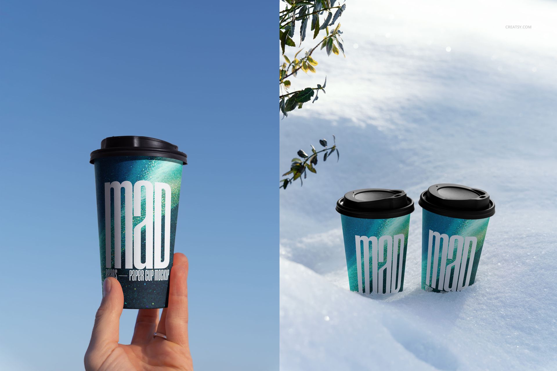 Hand holding a mockup paper cup with black lid and large white lettering, set against a clear blue sky.
