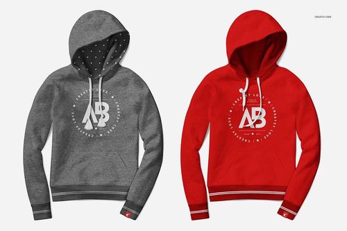 PSD mockup featuring two women’s hoodies, one heather grey and one bright red, displayed side by side on a plain backdrop.