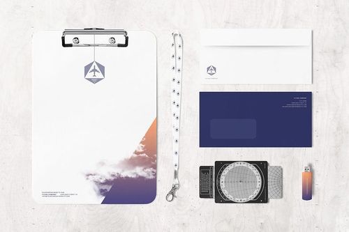 Flat lay of business stationery mockup with clipboard, envelope, lanyard, charts, and USB drive in blue and white tones.