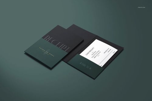 Receipt holder mockup set featuring two dark green holders with a white receipt card, displayed on a green surface.