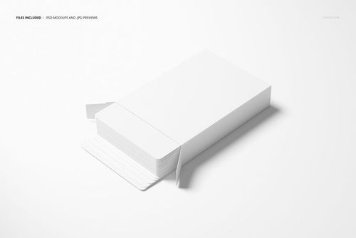 Front angled view of a white playing cards box mockup with open flaps, showing stacked cards inside on a plain surface.