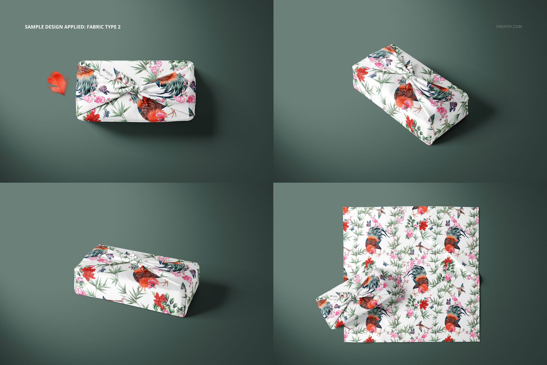 Furoshiki fabric wrap mockup featuring a rectangular package and unfolded cloth, both with floral patterns on green background.