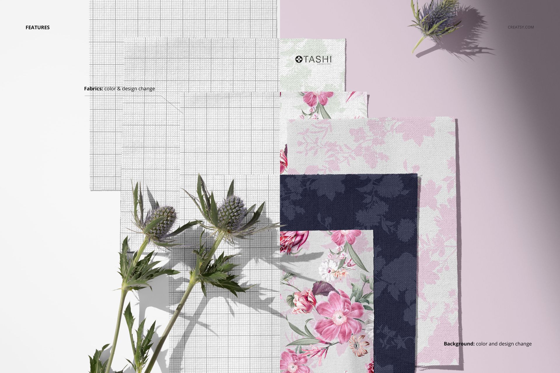 PSD mockup displaying cotton fabric samples in pink, navy, and grid patterns, with thistle flowers on a pale background.