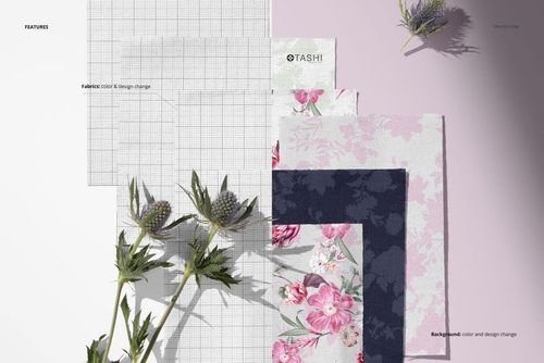 PSD mockup displaying cotton fabric samples in pink, navy, and grid patterns, with thistle flowers on a pale background.