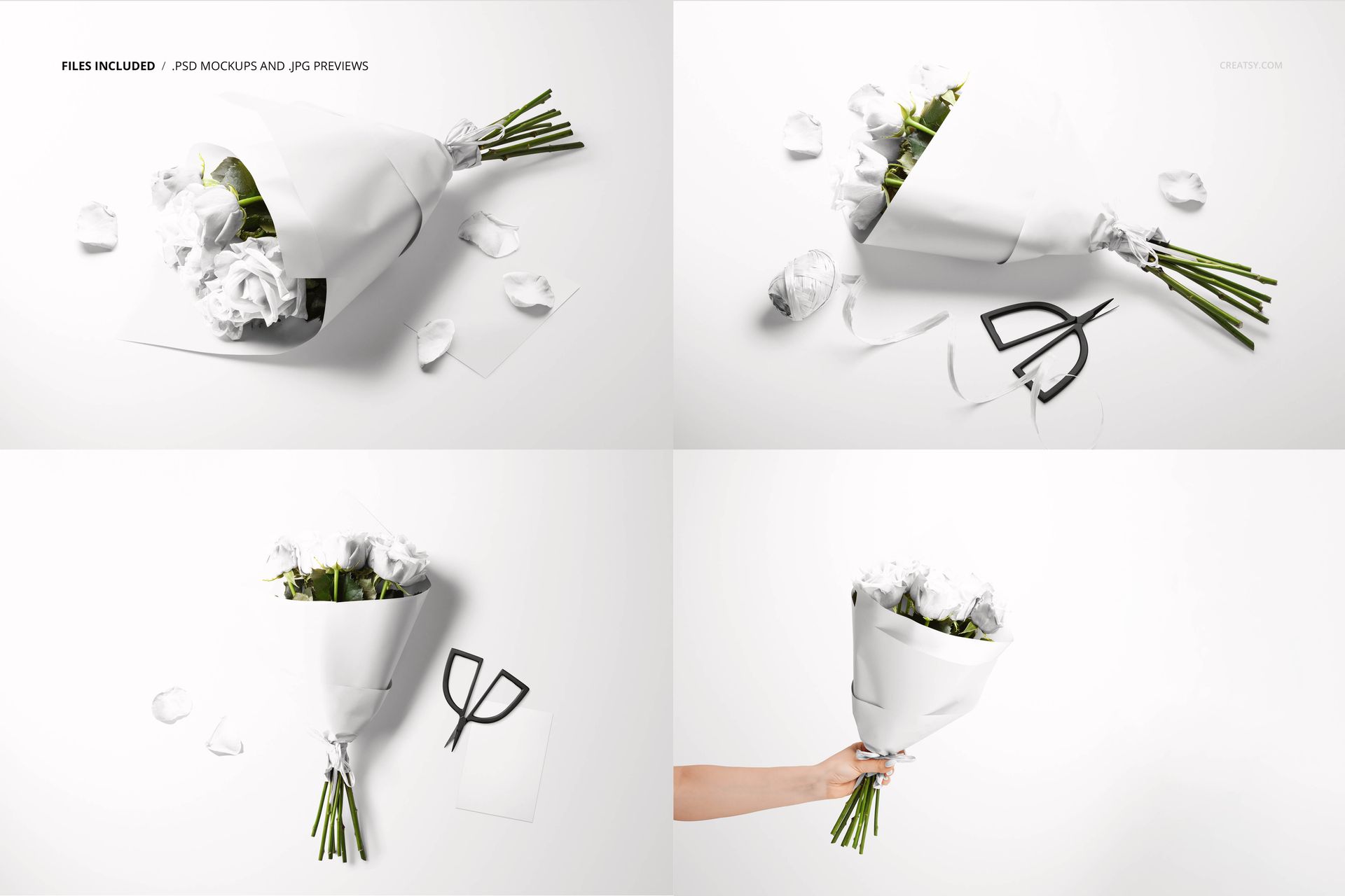 Roses bouquet wrapped in white paper, shown in a PSD mockup set with scattered petals and scissors nearby.