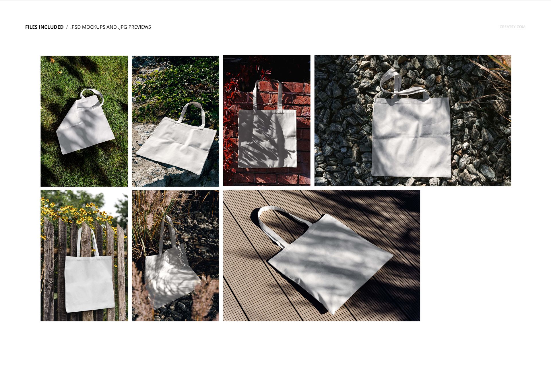 PSD mockup collection of tote bags with neutral colors, arranged on grass, rocks, brick, fence, and wooden backgrounds.