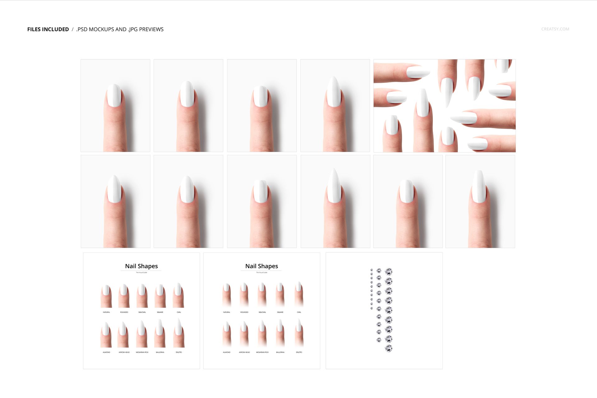 Set of nail mockup images showing various nail shapes and sizes, displayed in a grid layout on a white background.