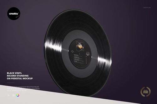 Black vinyl record standing upright on a round pedestal against a dark purple background, front view mockup.