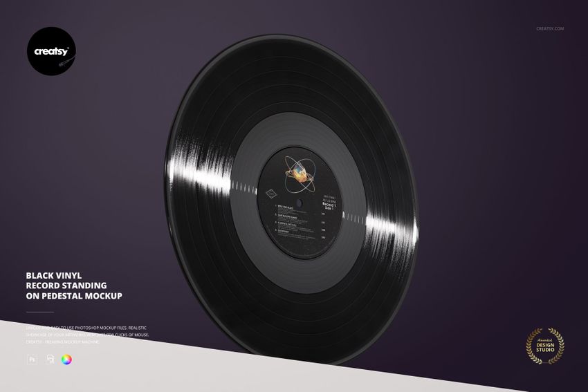 Black vinyl record standing upright on a round pedestal against a dark purple background, front view mockup.