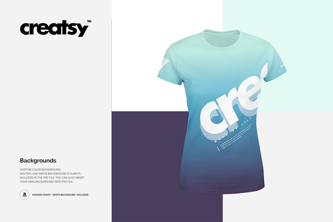 Front view of a women's short-sleeve t-shirt mockup with a blue gradient design, displayed on a color block background.