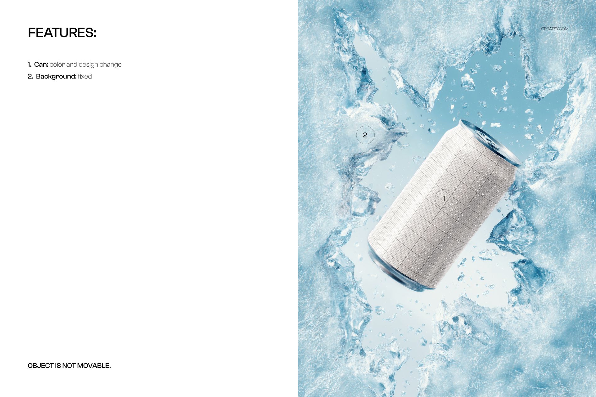 Soda can mockup with a grid pattern breaking through icy blue background, shown in a dynamic front perspective.
