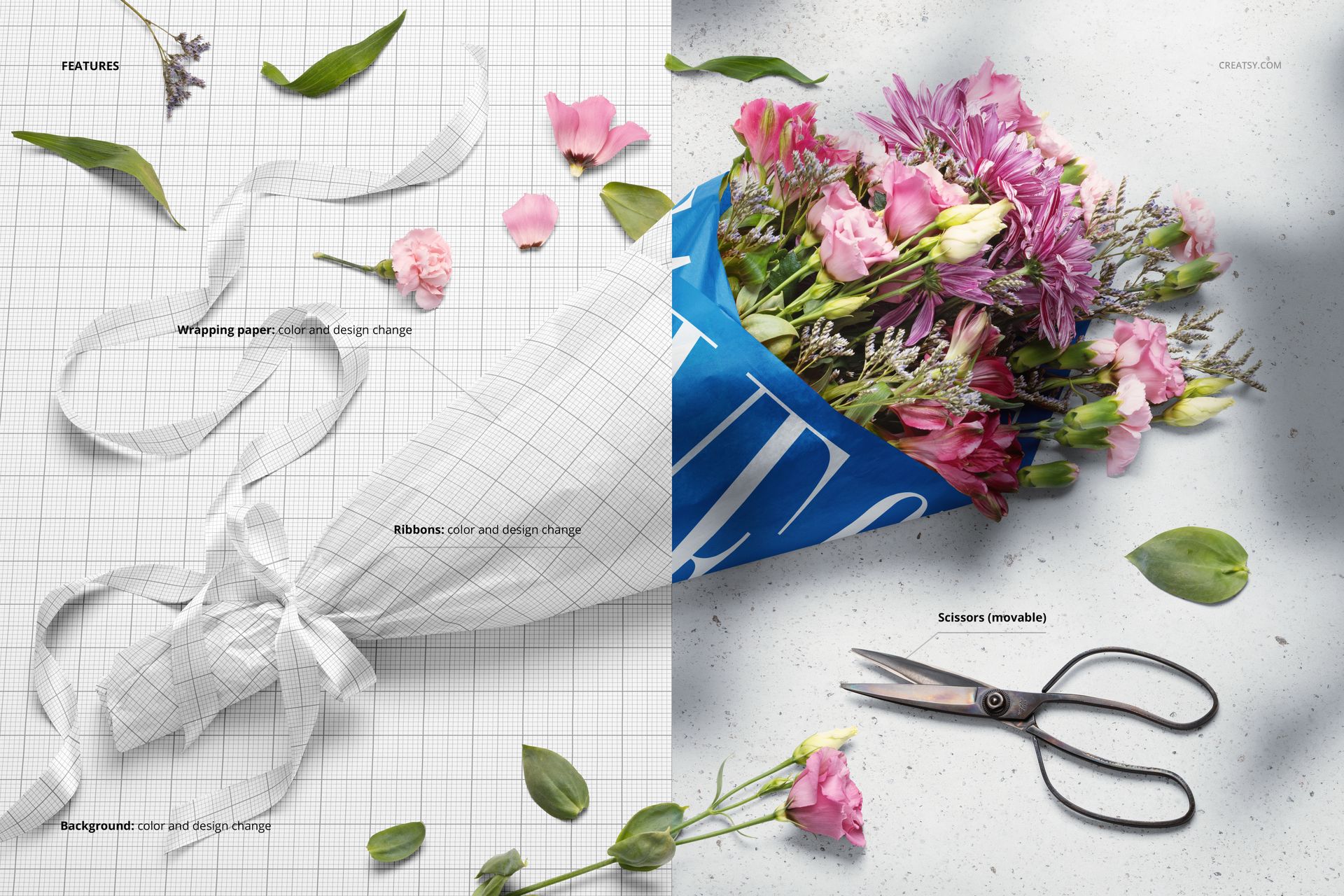 Mockup of a wrapped flower bouquet with ribbon, featuring assorted flowers and design elements for customization.