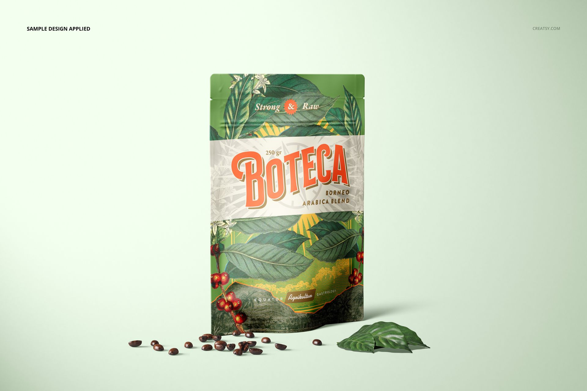 Doypack bag pouch mockup featuring green leaves, red coffee berries, and scattered coffee beans on a pale surface.