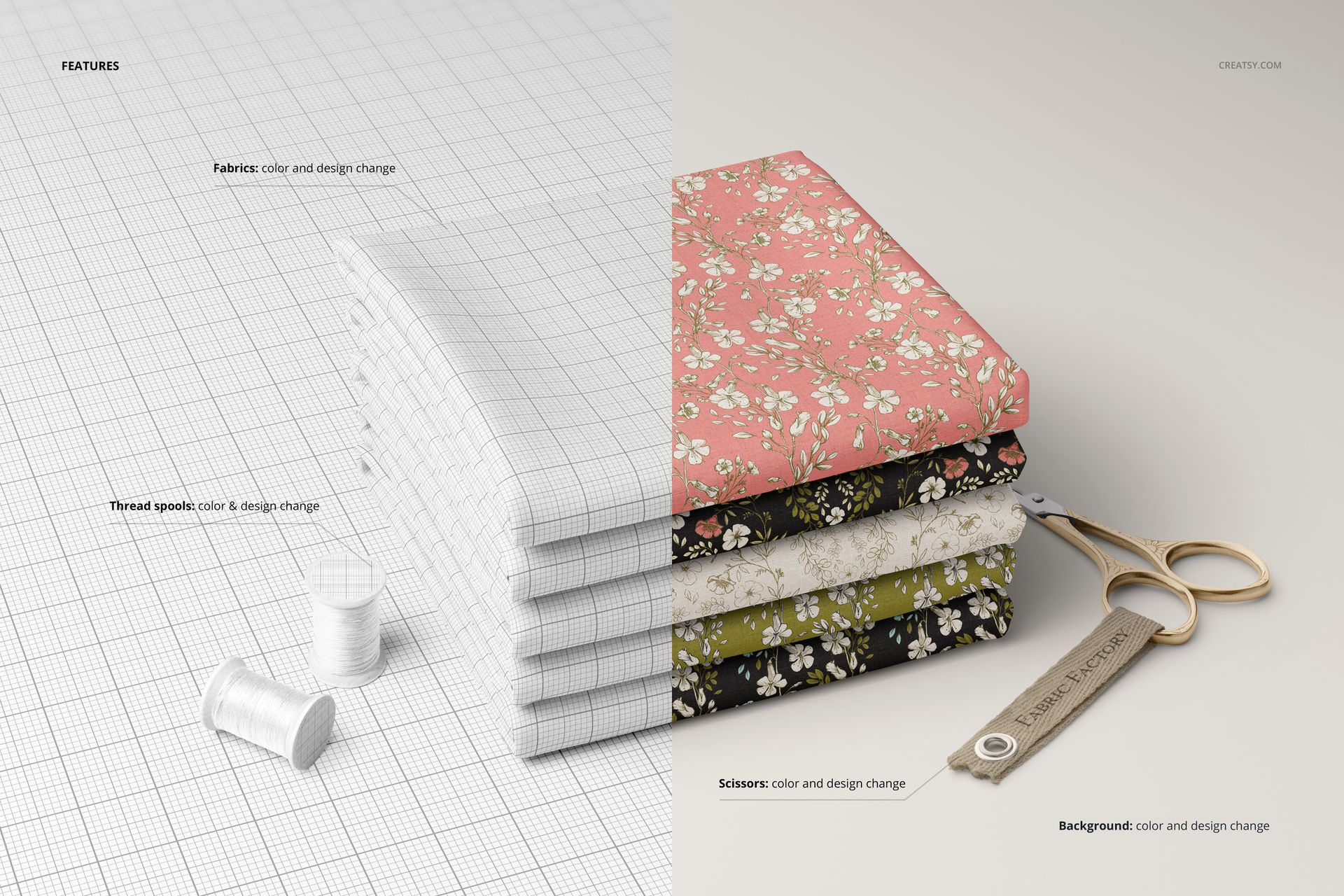Fabric stack mockup featuring folded textiles in pink, white, and green floral prints, viewed from the front side.