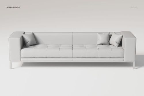 Extra long loft style sofa in light gray, shown from the front view with square arms and two matching pillows.