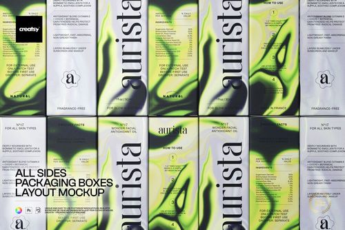 Multiple rectangular packaging boxes with abstract green and black patterns arranged in a grid, front view mockup.