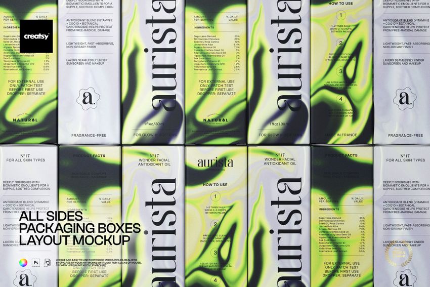Multiple rectangular packaging boxes with abstract green and black patterns arranged in a grid, front view mockup.