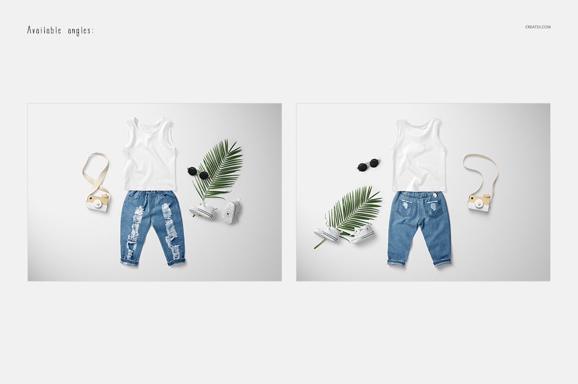 Two perspectives of a baby tank top and blue jeans mockup, styled with green palm leaves, sunglasses, and a camera bag.