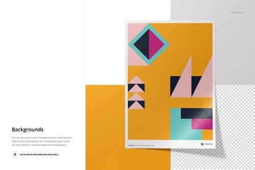 A3 fine art print mockup with geometric abstract design in pink, teal, and black on an orange background, top view.