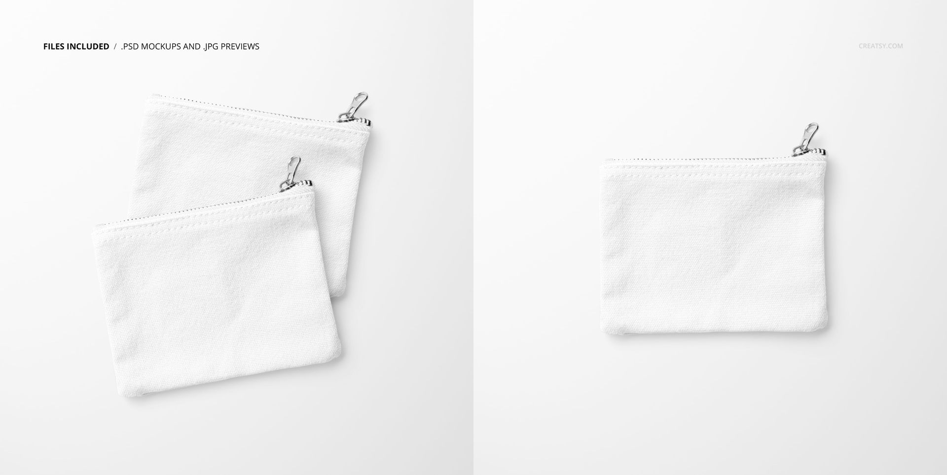 Flat canvas pouch mockup set featuring two white zippered pouches displayed on a clean, light background.