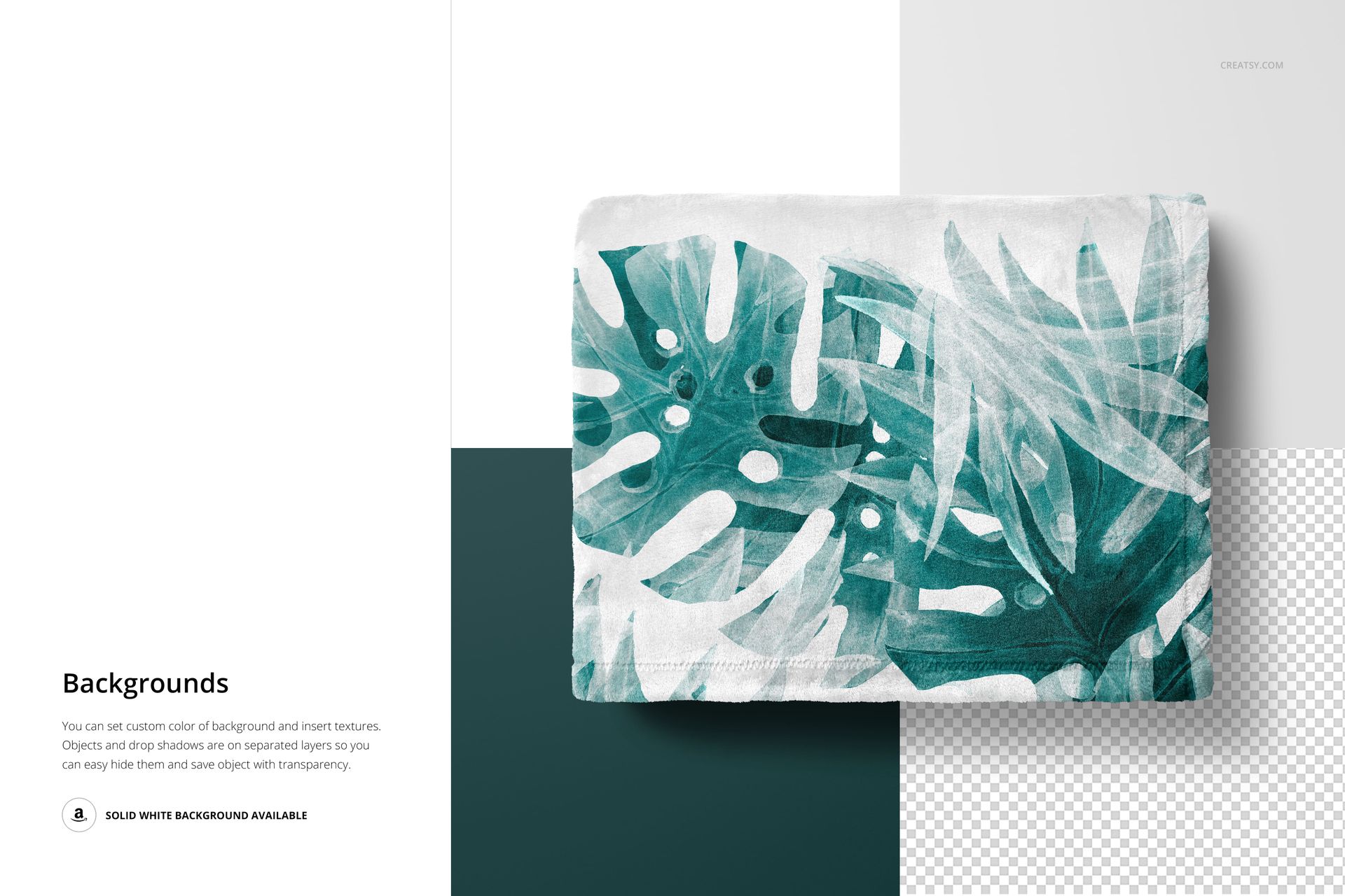 PSD mockup of a folded fleece blanket featuring teal and green monstera leaves, shown from above on a minimal backdrop.