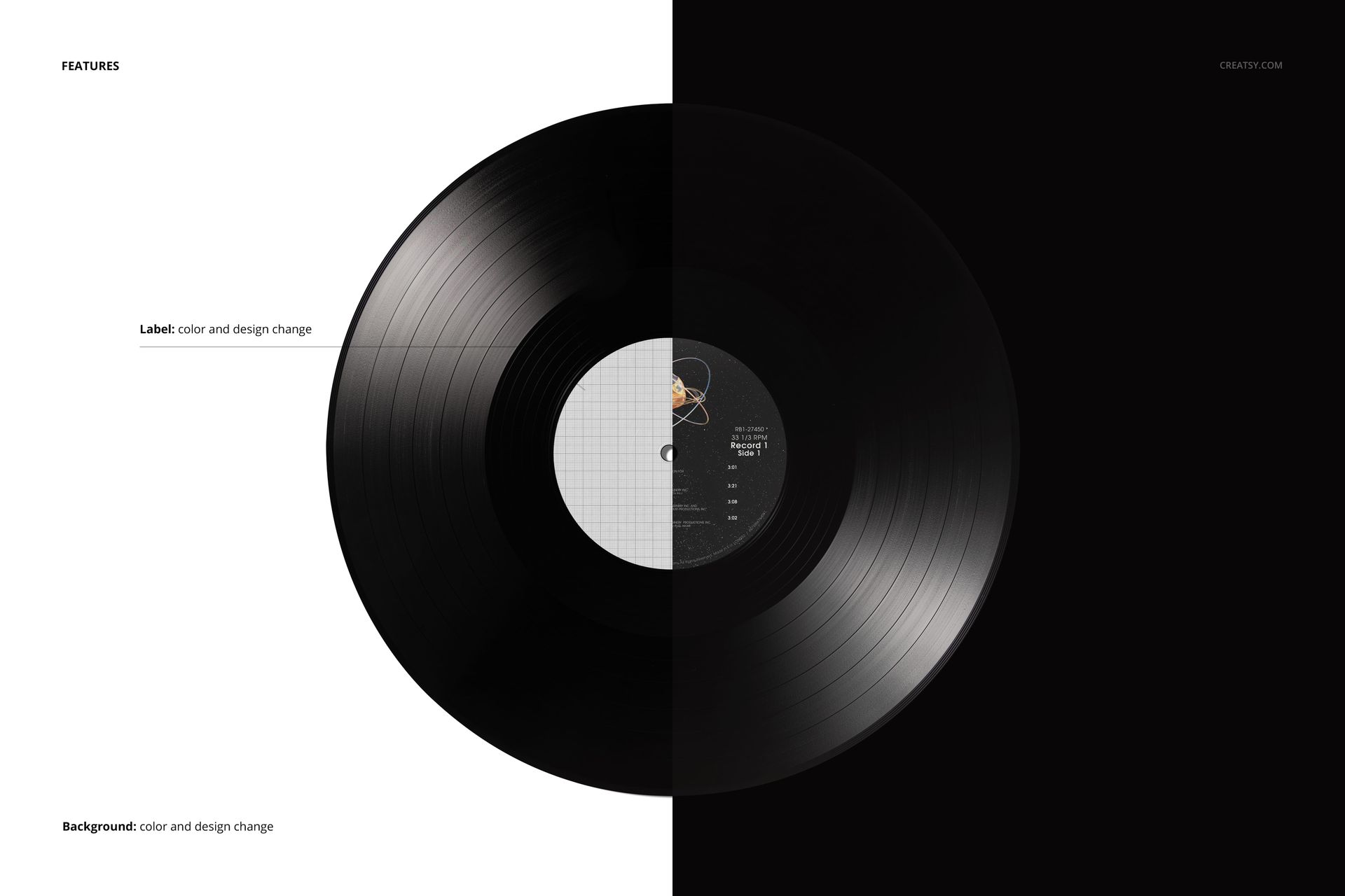 Top view of a black vinyl record mockup with split white and black background, showing label details in the center.