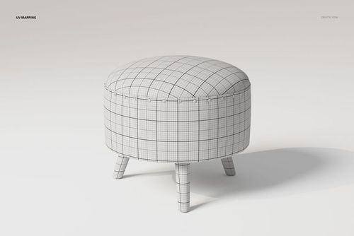 Round leather-upholstered ottoman with four short legs, shown in a front angle view with grid pattern UV mapping.
