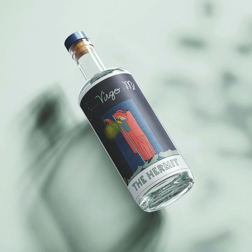 Glass bottle mockup with a cork stopper, featuring a colorful illustrated label and text, floating over a light background.