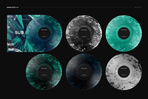 PSD mockup displaying a set of six vinyl records in teal, black, and gray smoke patterns, with a cover on the left.