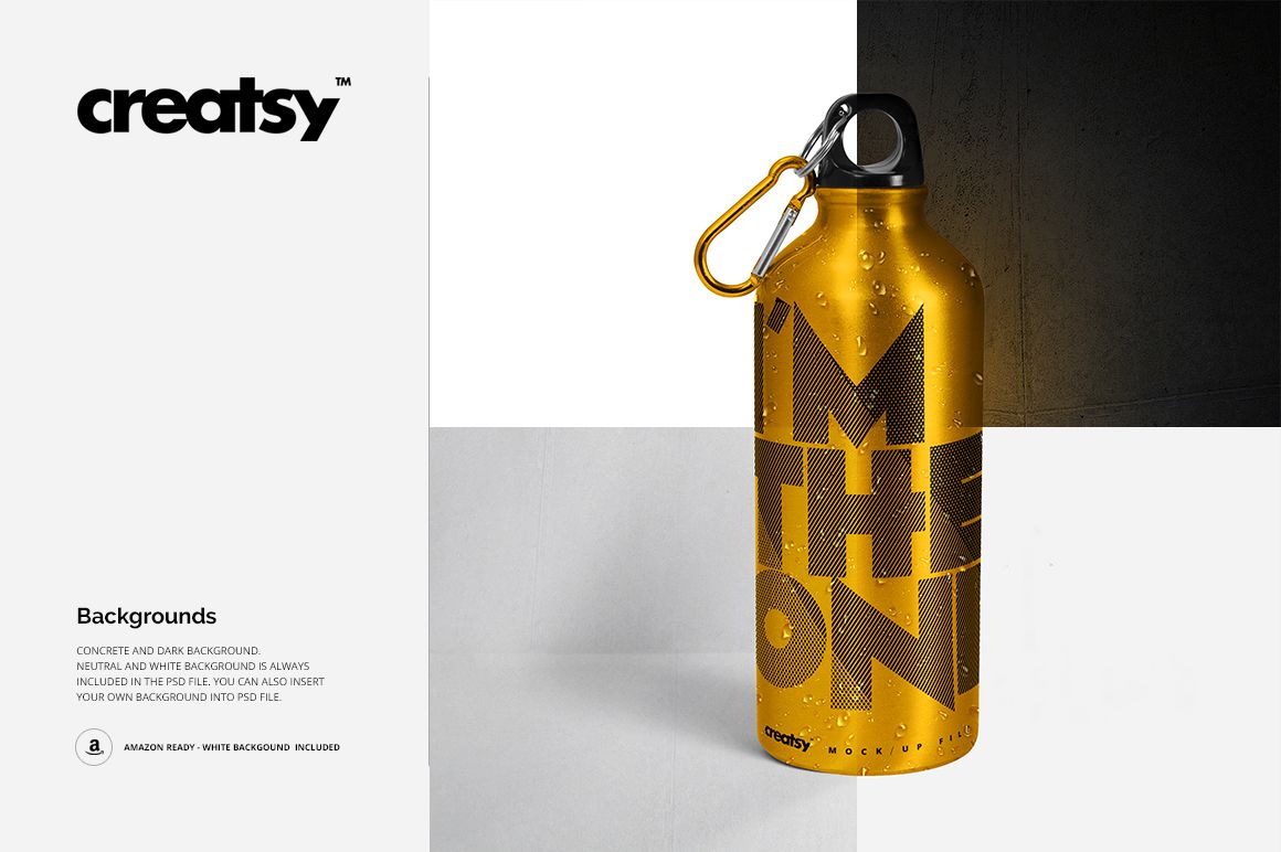 Front view of a metallic aluminum water bottle mockup featuring a gold finish and black typography, placed on a split background.