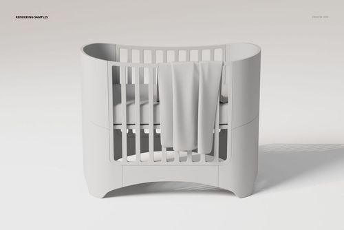 Modern white crib with rounded edges and vertical slats, featuring a small light gray baby blanket draped over the side.