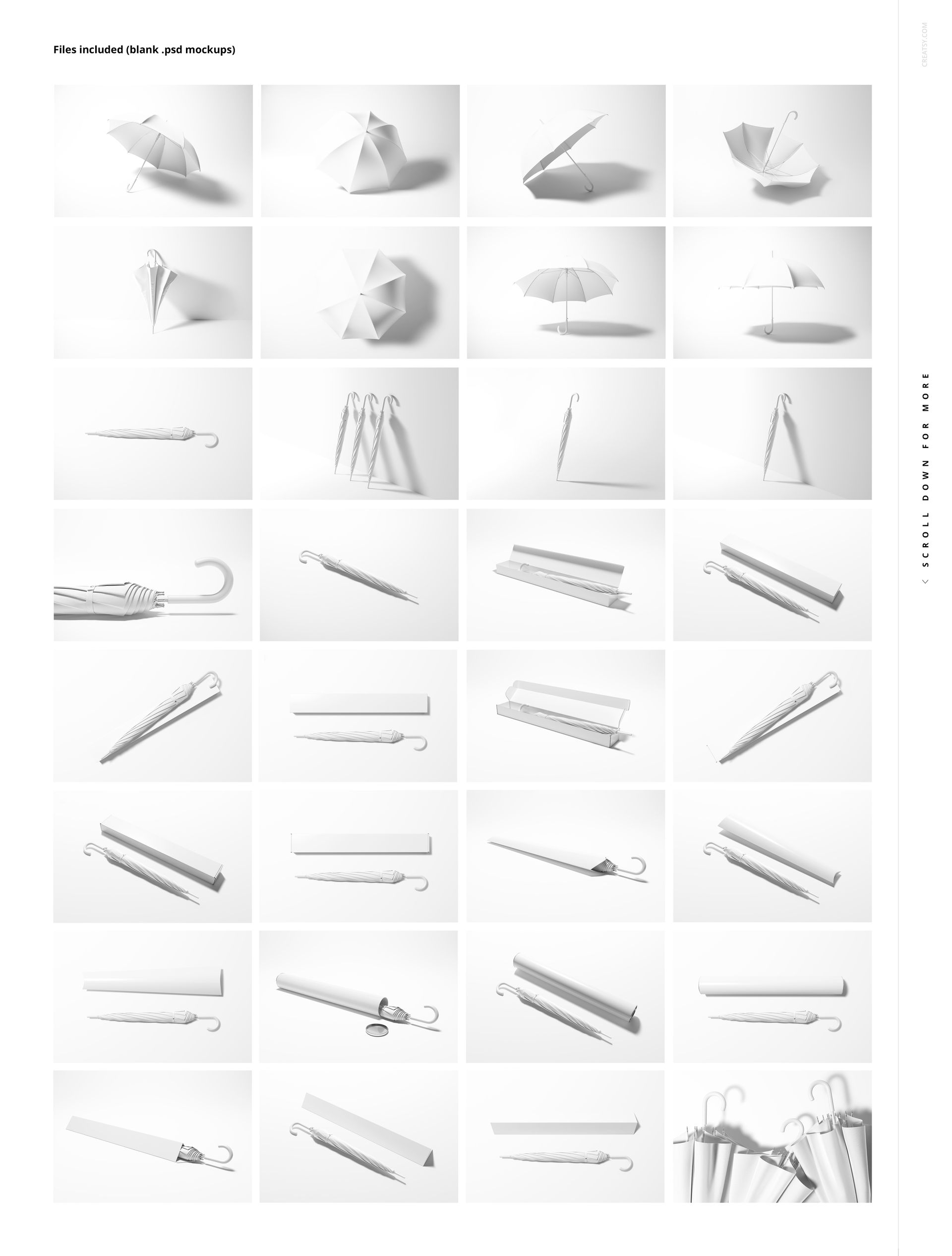 Collection of umbrella mockups featuring assorted shapes and views, including folded and open umbrellas with soft shadows.