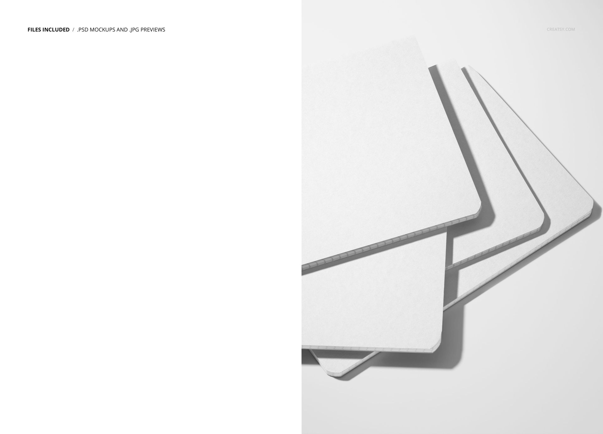 Top view of four plain white notebooks arranged in a fanned layout on a light surface, stationery mockup scene.