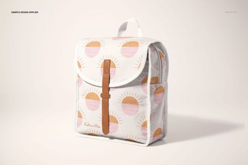 Kids backpack mockup with a white background, featuring a sun pattern in orange and pink tones, shown from a front angle.