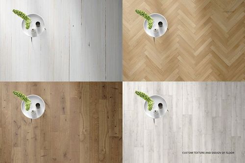 Top view of four carpet mockup scenes, each with a round white table and plant, displayed on different wood floors.