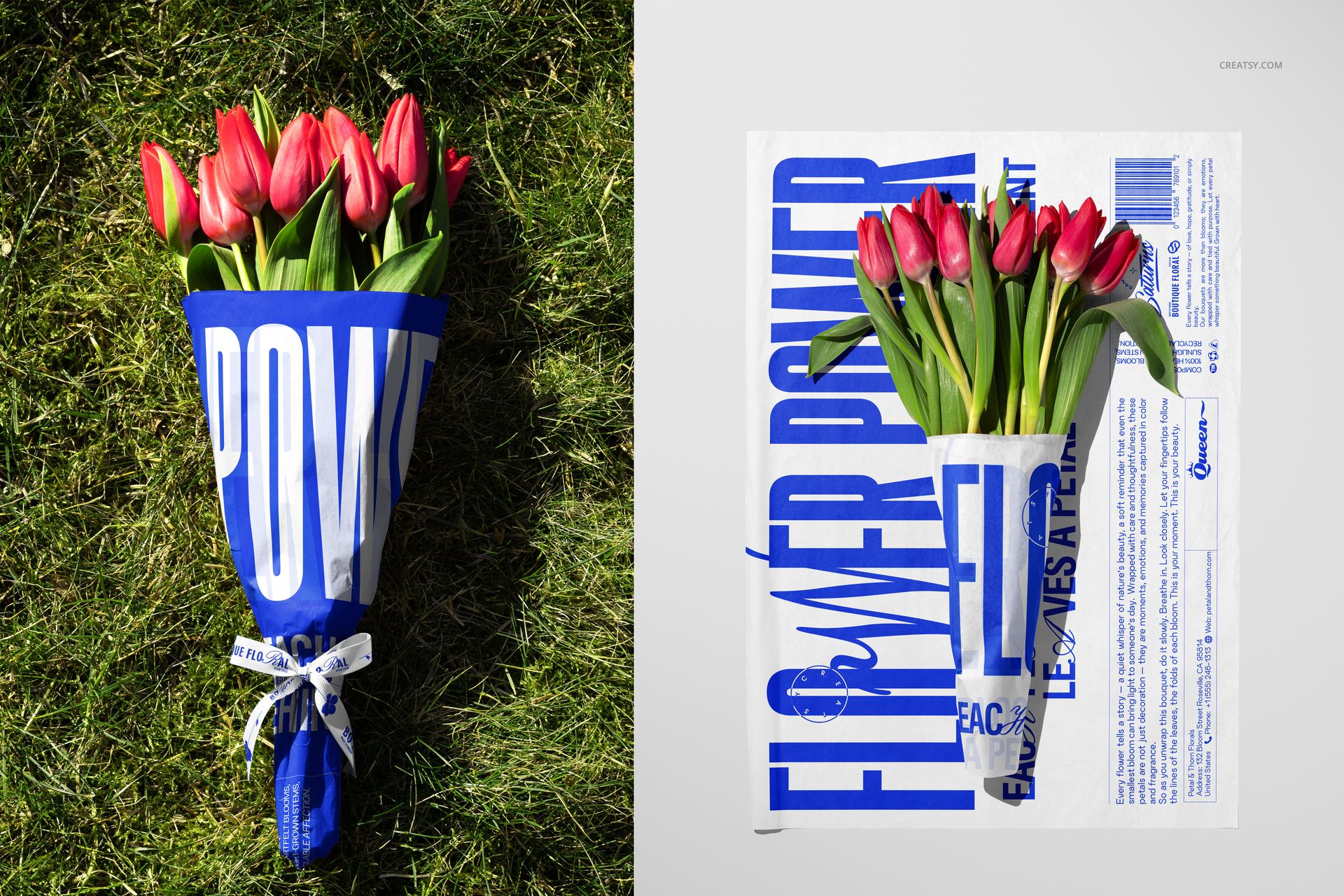 PSD mockup featuring a tulip bouquet in blue and white graphic wrapping paper, with grass and neutral backdrop.
