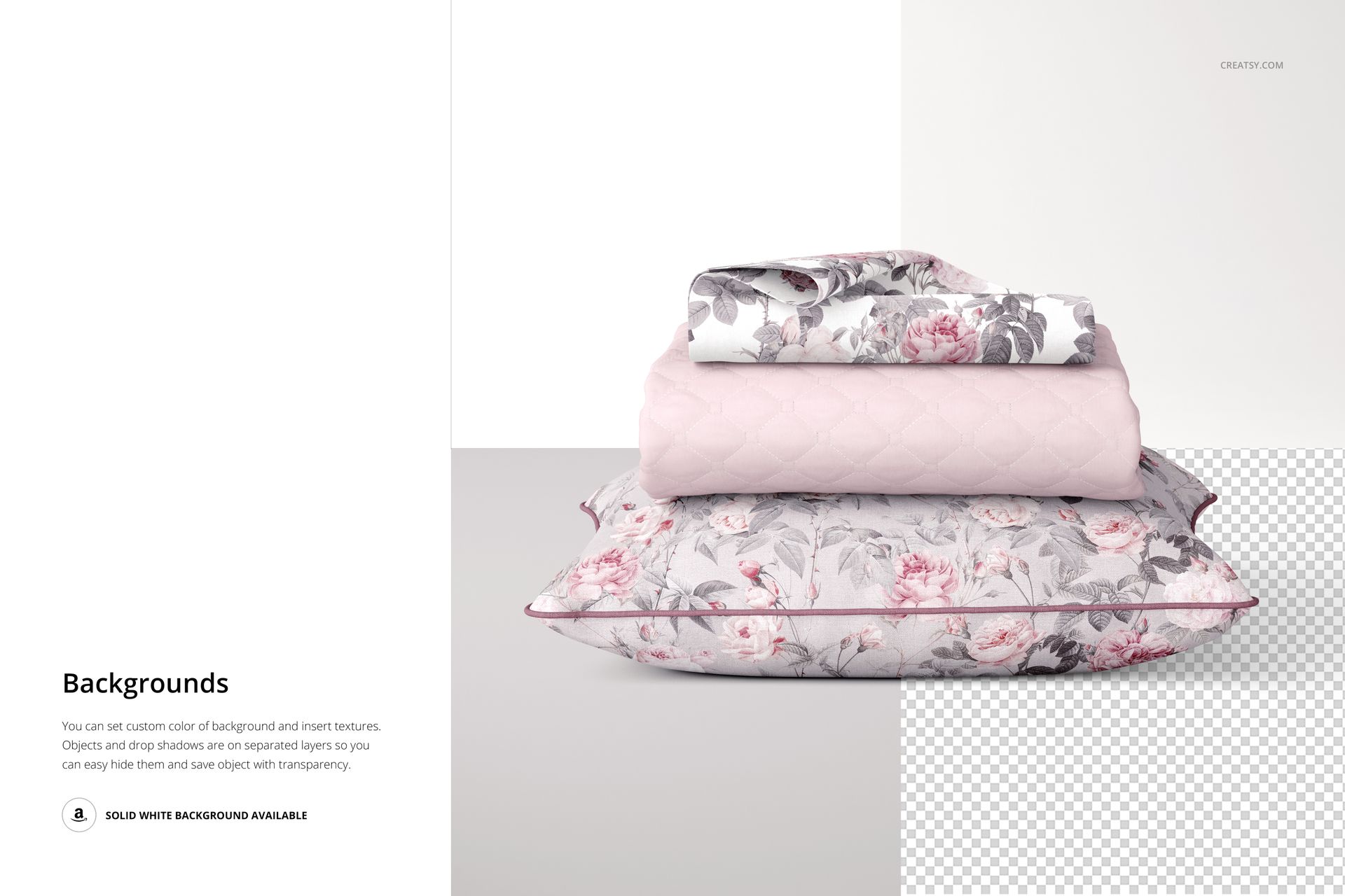 Front view of a PSD mockup featuring two decorative pillows with floral prints and a pink quilted coverlet.