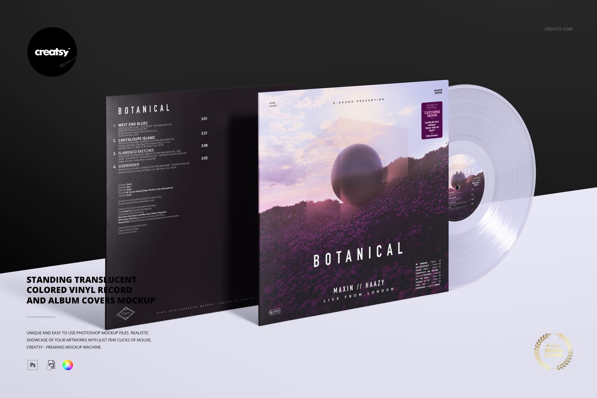 PSD mockup featuring a clear vinyl record and album covers with purple and pink landscape graphics in a studio setting.