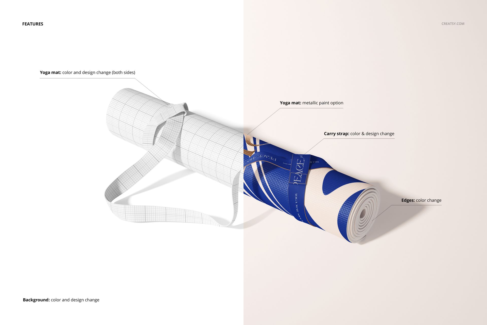 Yoga mat PSD mockup featuring a rolled mat with geometric blue and white design, displayed with an adjustable strap.