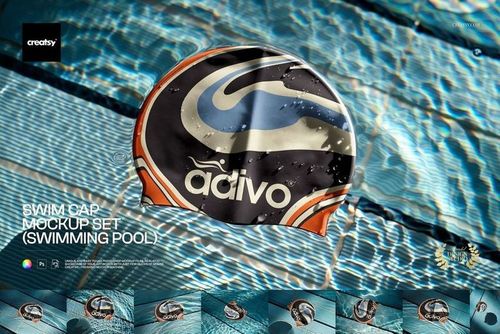Top view of a swim cap mockup featuring graphic artwork, floating in a tiled pool with clear reflections and water drops.