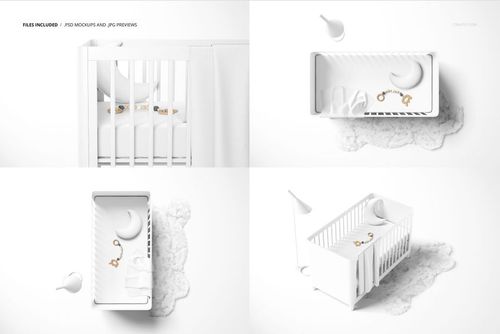 Fitted crib sheet mockup set showing white crib from top and angled views, with plush moon, cloud mat, and baby toys.