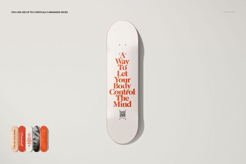 Single skateboard deck with red text design mounted vertically on a plain white wall, front view mockup.