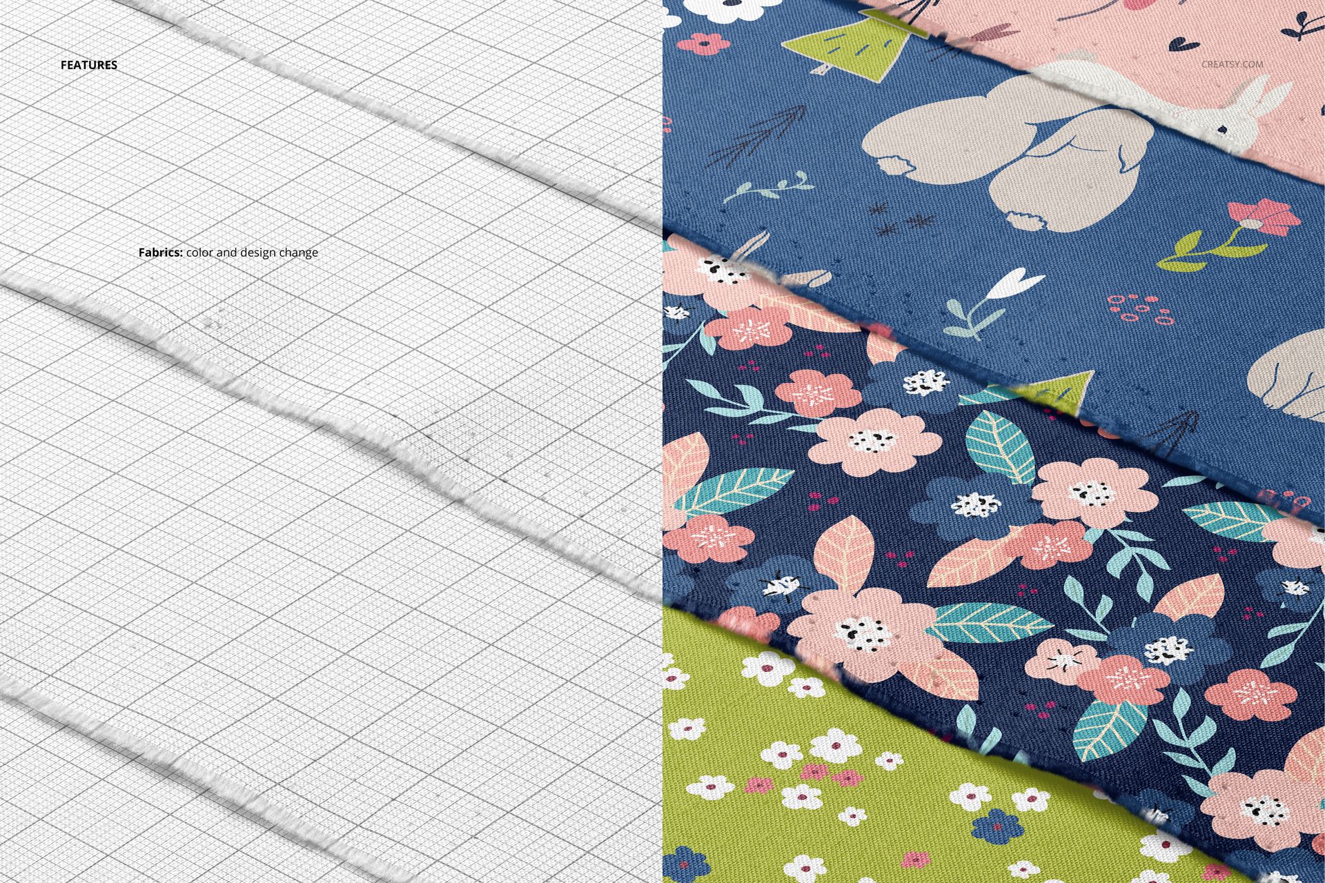 Fanned arrangement of cotton fabrics featuring floral and animal prints, displayed in a realistic PSD mockup.
