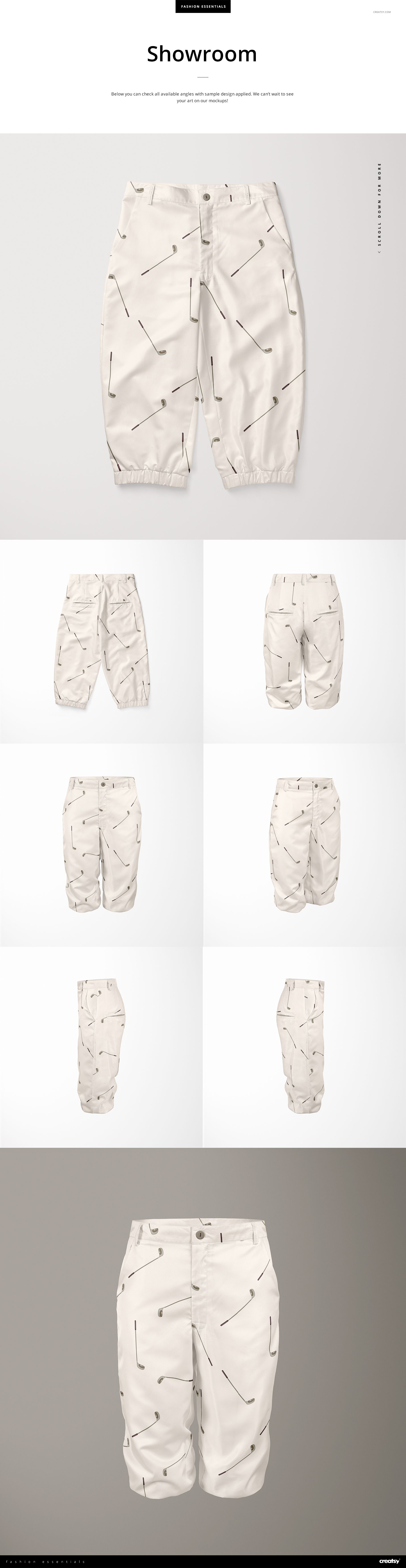Women’s polyester golf knickers mockup shown in multiple views, featuring a white fabric with a simple line pattern.