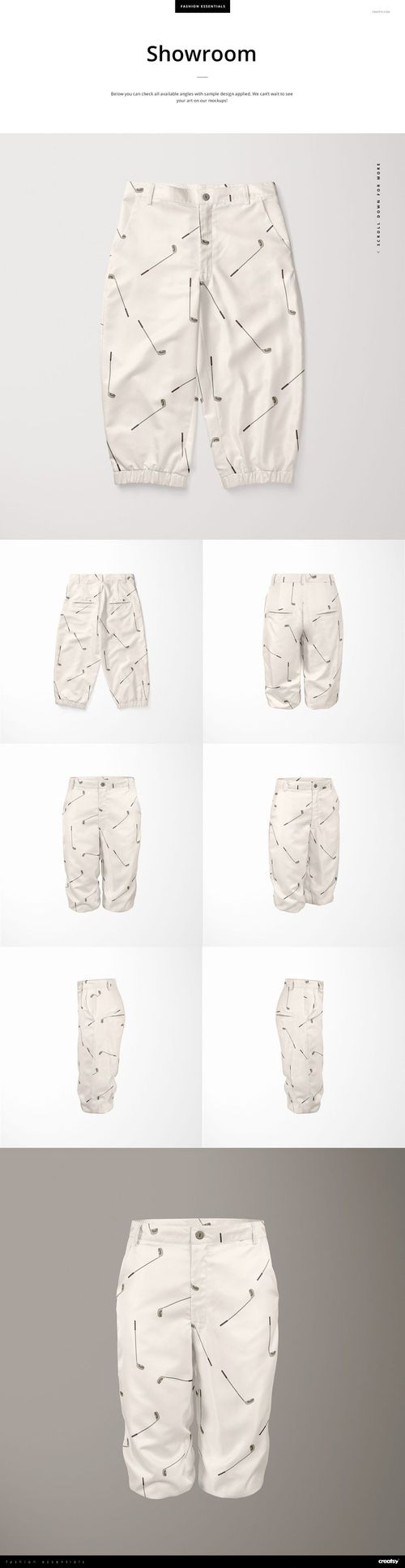 Women’s polyester golf knickers mockup shown in multiple views, featuring a white fabric with a simple line pattern.