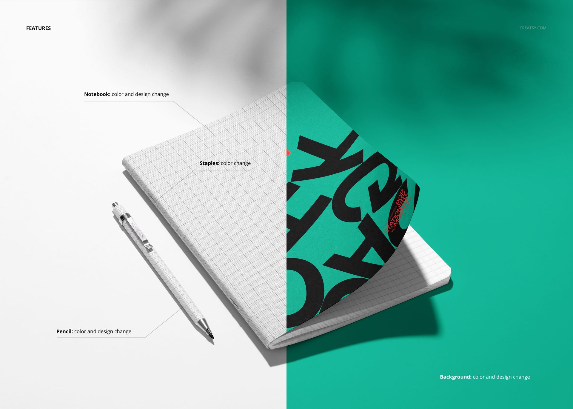 Notebook mockup with raised corner displayed on split background, left side grid pattern, right side teal cover with bold text.